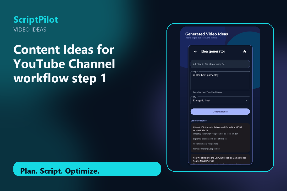Edited ScriptPilot screenshot for why content ideas for youtube channel is a strong starting point