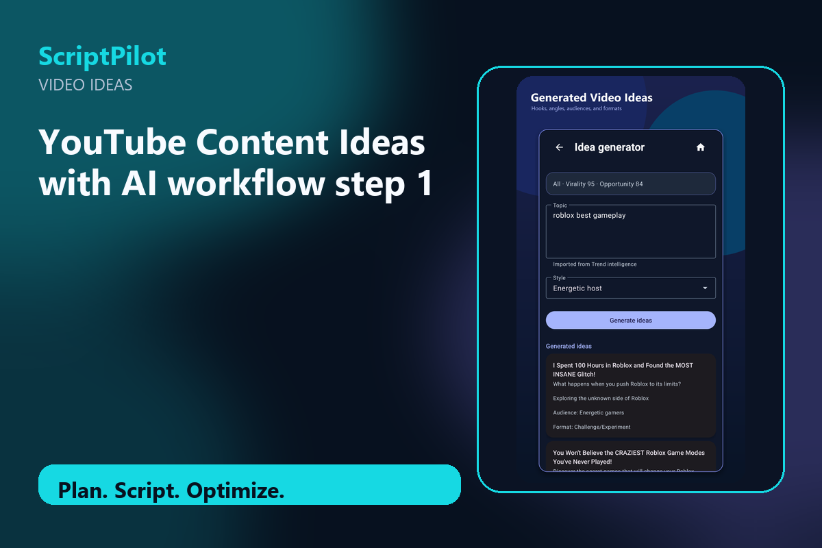 Edited ScriptPilot screenshot for why youtube content ideas with ai is a strong starting point
